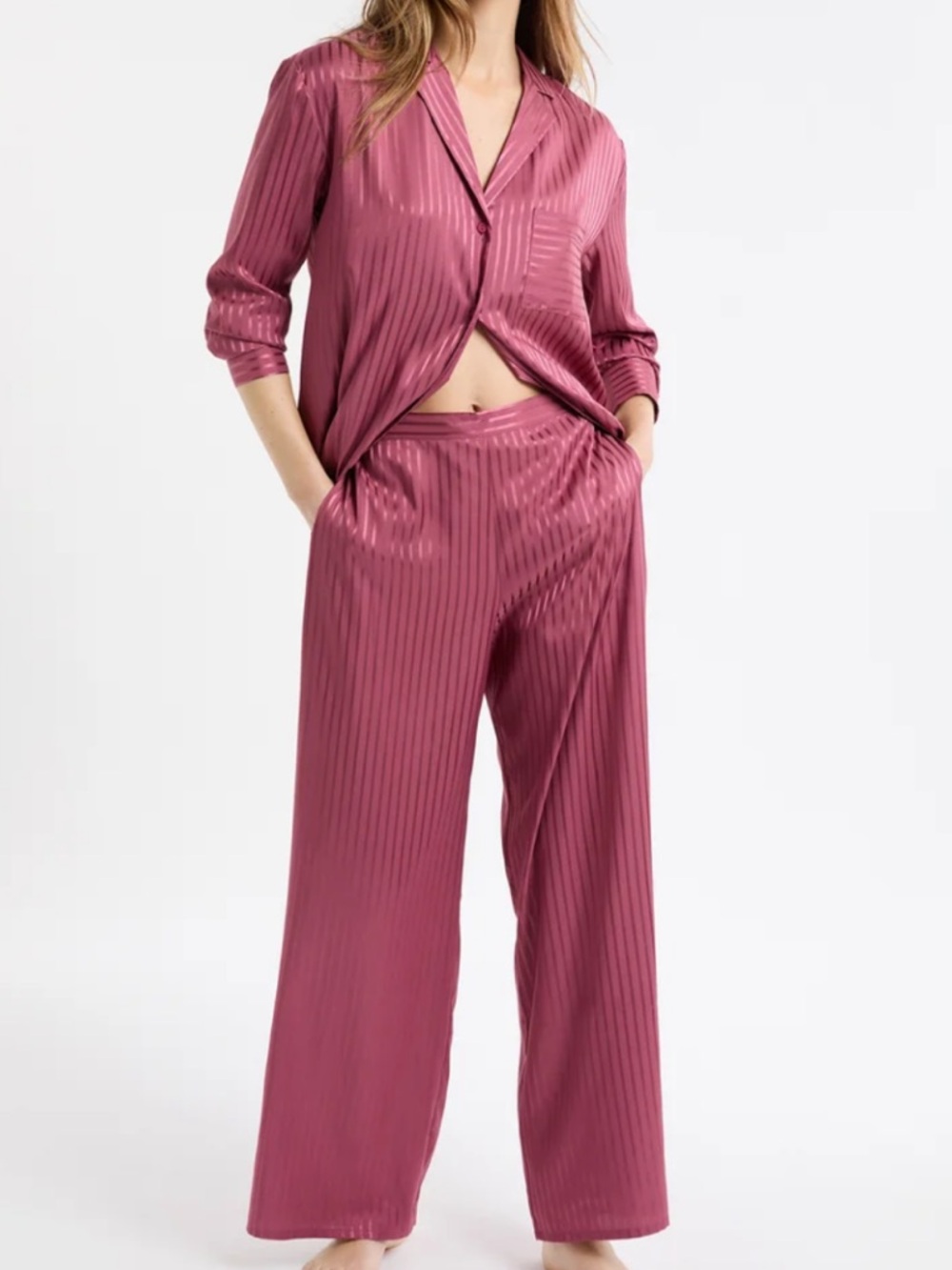 Gap Body Satin Stripe Wide-Leg Lounge Set in Dusty Rose